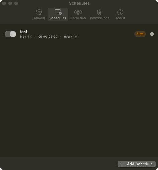 StandLock Schedules window — test schedule, Mon–Fri 09:00–23:00, Firm mode