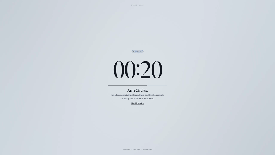 StandLock break overlay, Gentle mode, countdown timer with stretch exercise